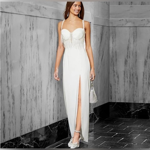 Gianni Bini Sweetheart Neckline Beaded Fringe Front Slit Black Embellished Dress - Picture 5 of 10